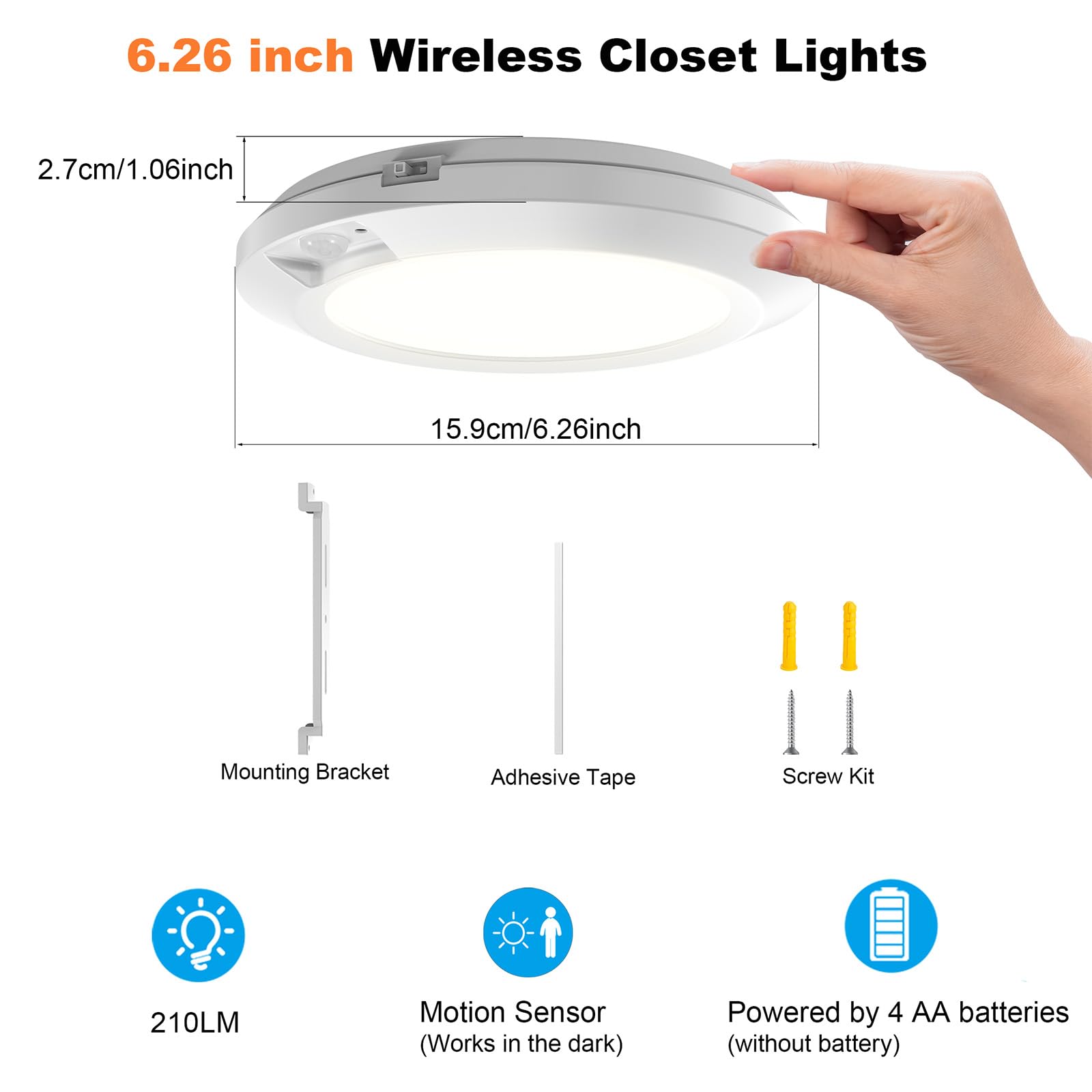 16 cm Lámpara de Techo con Sensor de Movimiento, Alimentada a Baterías, LED Blanco Frío 6000K para Armario/Escaleras/Pasillo/Almacén - Pack de 2
