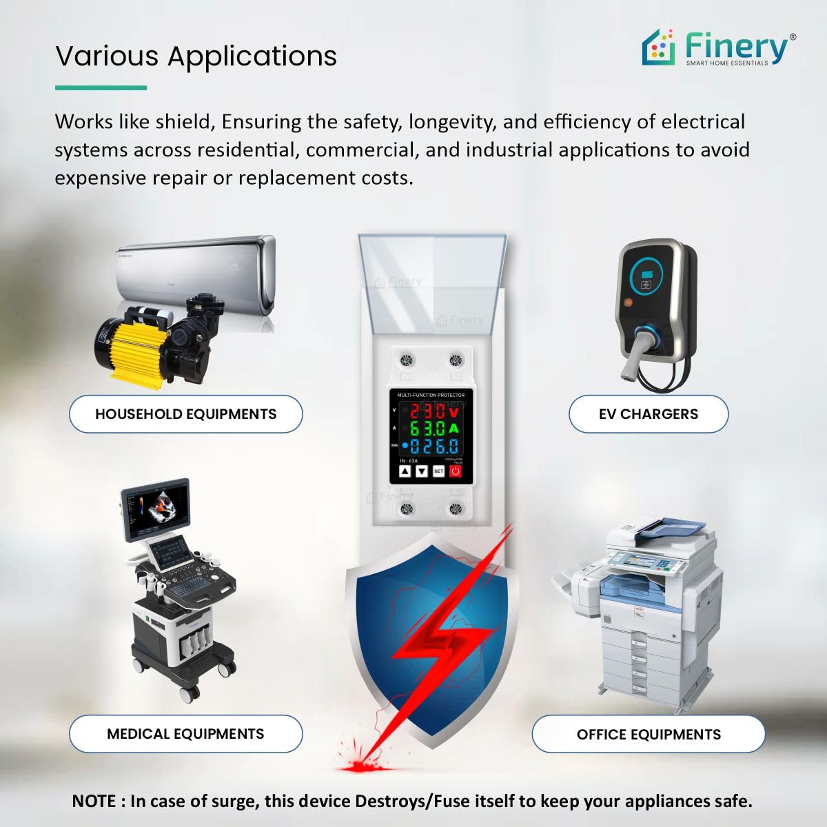 Finery Non-WiFi 63A Over Voltage Under Voltage Protection and Over Load Protection Corded Electric Digital Energy Meter with Delayed Start Din-Rail Mounted Single Phase 220V (13.8kW), White - Image 2 thumbnail