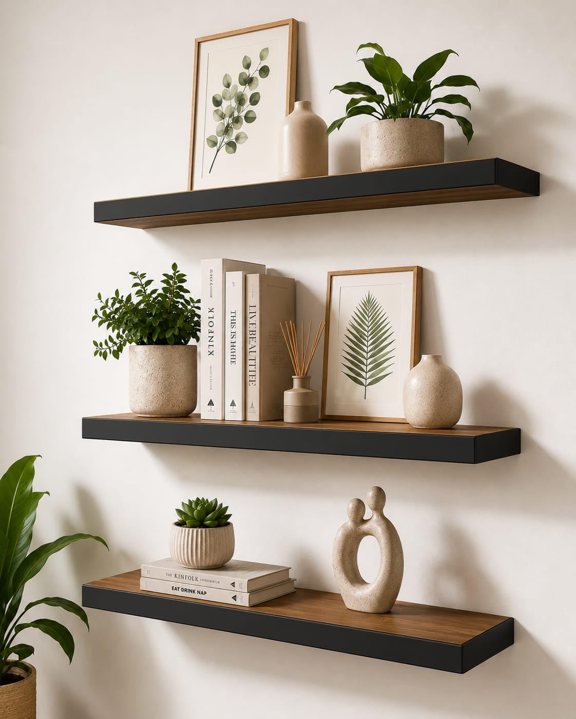 3 piece wooden floating wall shelf set – teak finish