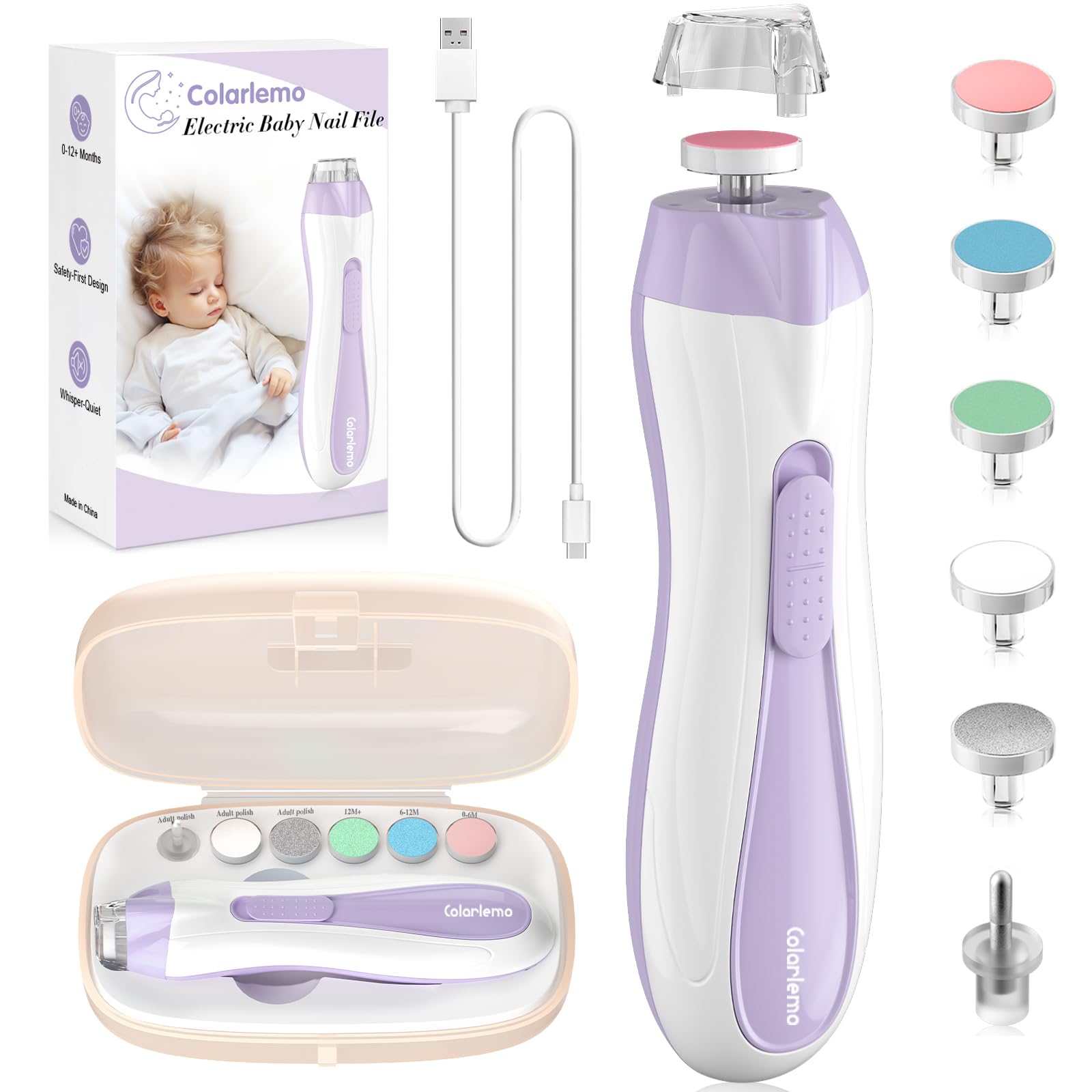 Cortauñas eléctrico recargable Colarlemo para bebés, lima de uñas 15 en 1, kit de lima y pulidor con cubierta antipolvo y luz LED para recién nacidos, bebés, niños pequeños y adultos, morado