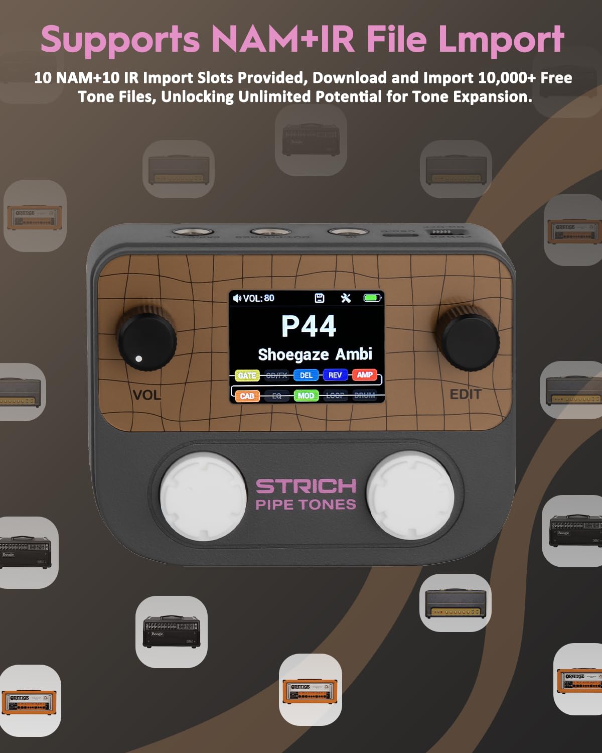 STRICH Pipe Tones Pocket Multi-Effects Processor per chitarra e basso con pedale 10 moduli effetto 125 effetti Looper 40s 100 pattern di batteria Interfaccia audio USB Controllo wireless(Grigio scuro)