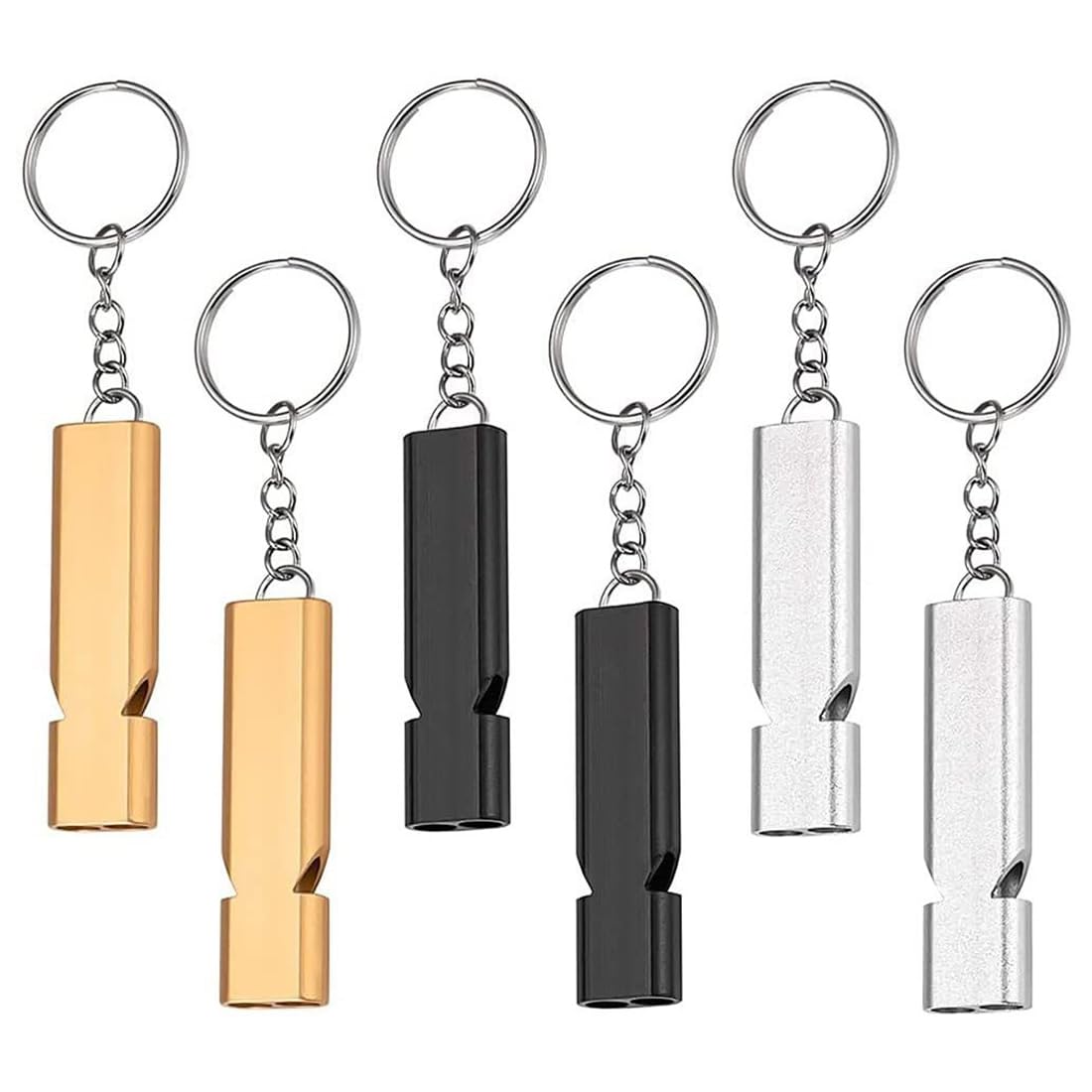 WeddHuis Silbato de Supervivencia y Emergencia, 6 Piezas, Silbato de Árbitro con Llavero, Silbato de Doble Frecuencia para Supervivencia, Camping, Senderismo y Uso Militar (Oro, Plata, Negro)