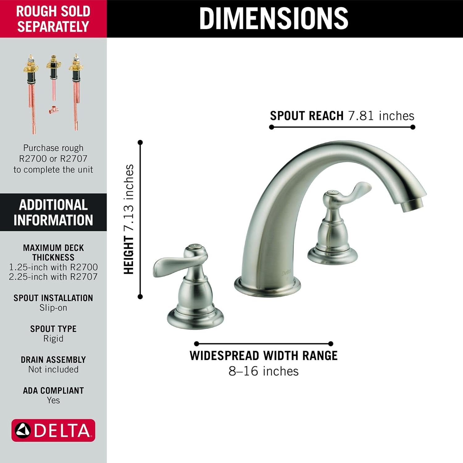 Delta Faucet Windemere 2-Handle Widespread Roman Tub Faucet Trim Kit, Deck-Mount, Stainless BT2796-SS (Valve Not Included), 6.50 x 11.00 x 11.00 inches