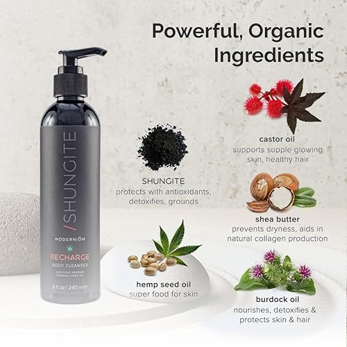 Miniatura 2 de Modern M Shungite Recharge Gel de baño con aceite de semilla de cáñamo  Todo tipo de piel, limpiador orgánico para cara, manos, cuerpo  Vegano, sin