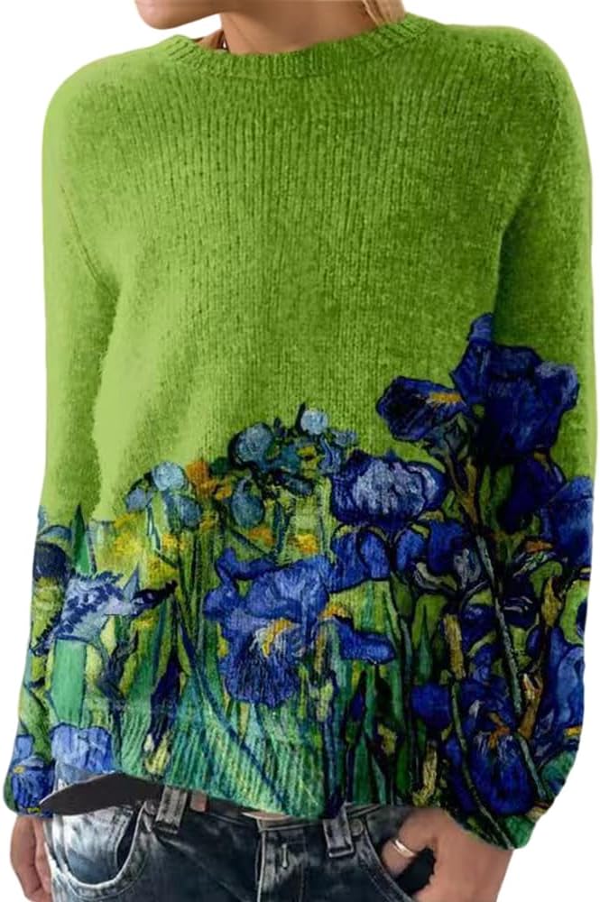 Women's Colorful Painting Landscape Floral Print Sweater Casual Loose Knitted Crewneck Long Sleeve Cropped Pullover Tops