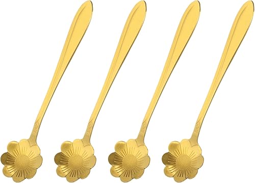 uxcell 4 cucharas de flores de acero inoxidable con forma de flor de sol de 5 pulgadas, cuchara de café pequeña cucharadita de postre para pastel de