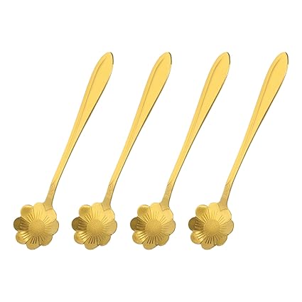 uxcell 4Pcs Stainless Steel Flower Spoons 5 Inch Sun Flower Shape Coffee Spoon Small Teaspoon Dessert Spoon for Espresso Sugar Cake, Gold