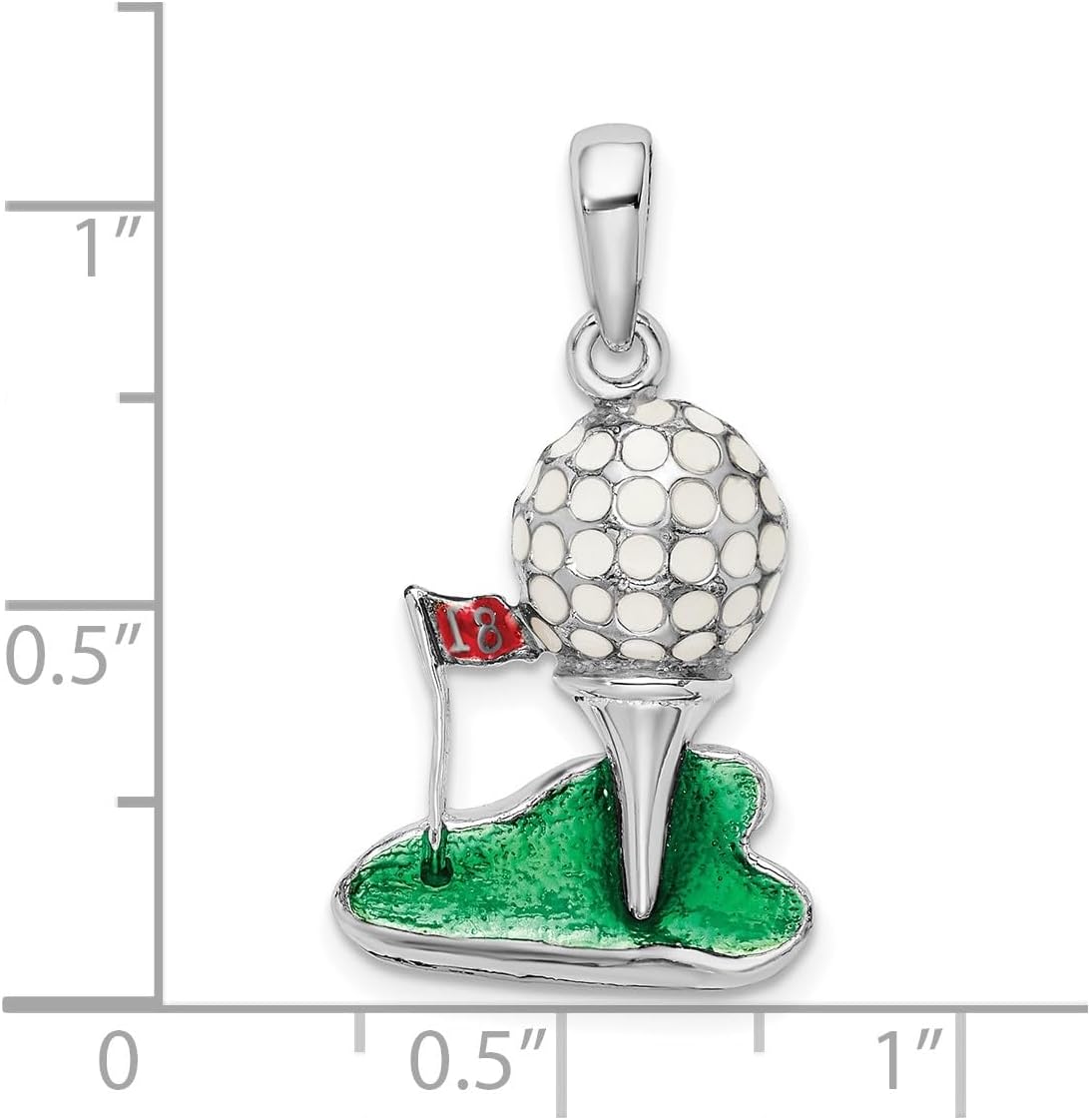 Sterling Silver Golf Pendant with Enameled Green Base and Red Flag 18 Design, Detailed Golf Ball on Tee Charm, Sports Jewelry for Men and Women, Hobby Themed Golfer Necklace Accessory