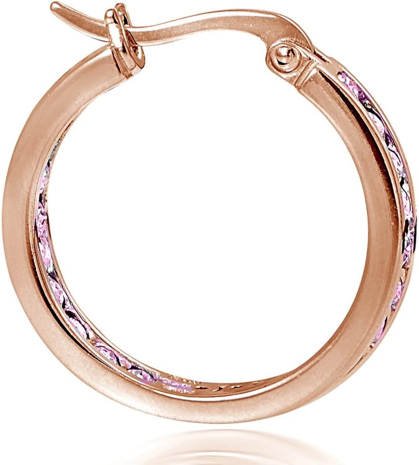 Rose Gold Flash Sterling Silver Pink CZ Inside Out Channel-Set 20mm Round Hoop Earrings