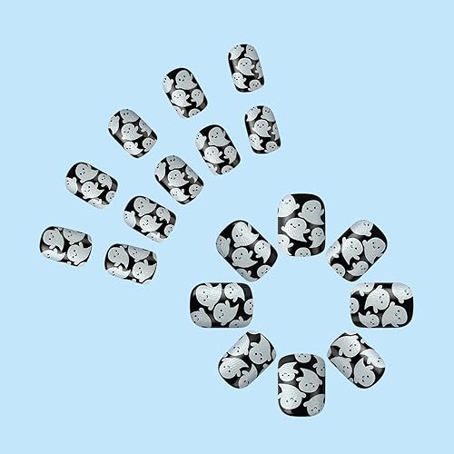 Miniatura 5 de 24 piezas de uñas postizas cortas cuadradas que brillan en la oscuridad, uñas acrílicas con bonito diseño de fantasma, uñas acrílicas con pegamento