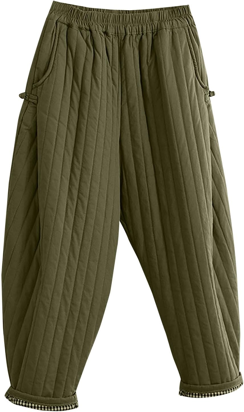HGps8w Women’s Winter Baggy Quilted Padded Down Pants, Plus Size Thicken Warm Windproof Snow Ski Pants with Pockets