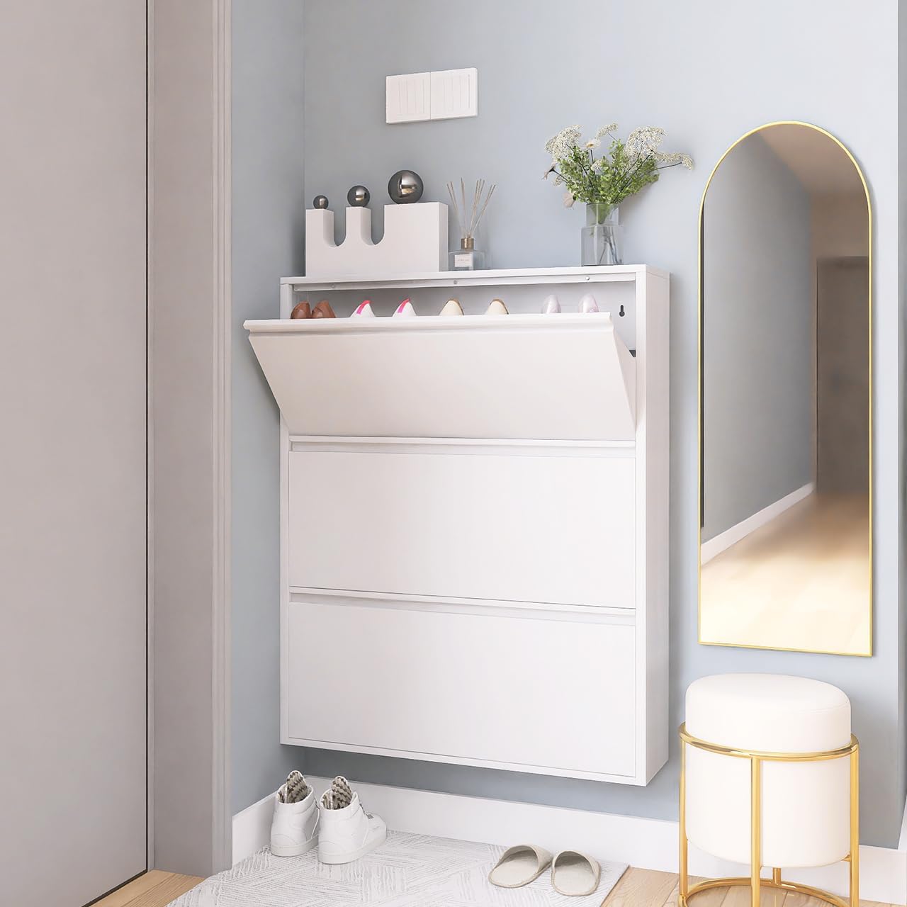 greatmeet shoe cabinet with 3 flip drawers, metal entrance shoe cabinet storage for entryway, modern hidden narrow shoe rack organizer cabinets wall mount for living room, bedroom, hallway, white 3 flip drawers pearl white