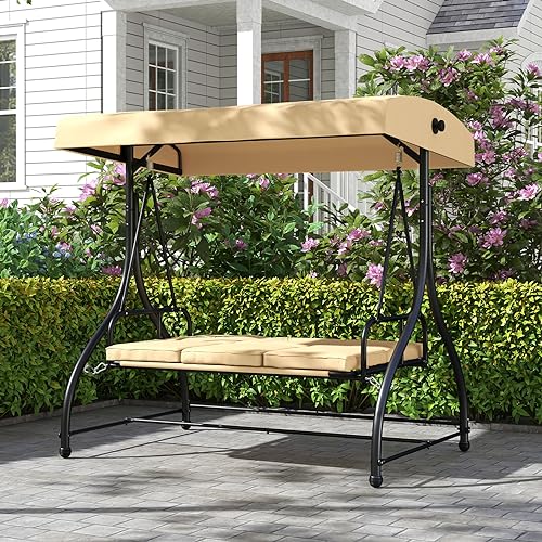 Image of HAPPYGRILL 3 Seat Outdoor Porch Swing, 2-in-1 Swing Glider with Adjustable Canopy, Removable Cushions, Foot Pad, Curved handrails, Outdoor Swing for Patio Yard Garden Balcony Backyard