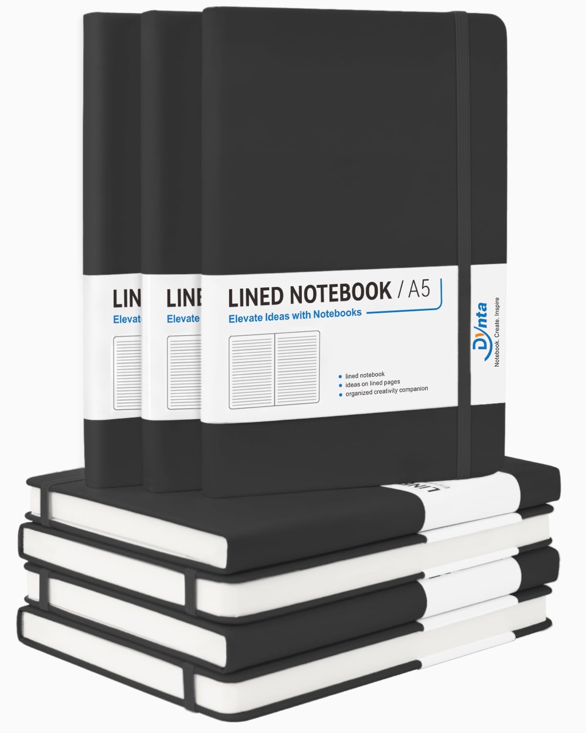 Hardcover A5 Lined Journal Notebook, 7Packs Medium Notebooks Bulk for Writing/Work/Note Taking, 200 Pages, Classic College Ruled, Inner Pocket, 8.4 x 5.8 inch(Black)