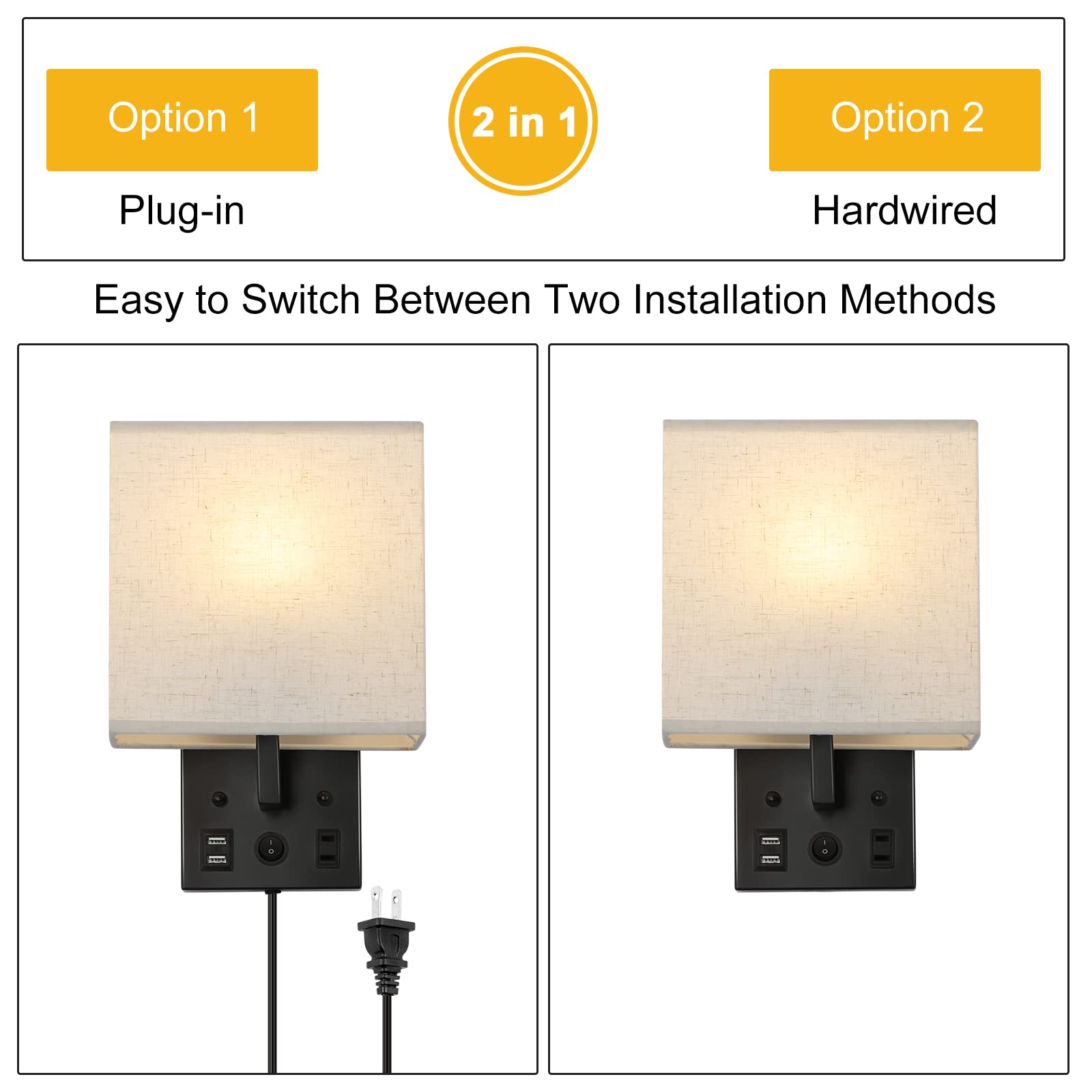 Juego de 2 lámparas de pared de noche, modernos apliques de pared con cable enchufable, lámparas de pared con doble salida USB y CA, lámparas de pared negras para dormitorio, sala de estar (2 5