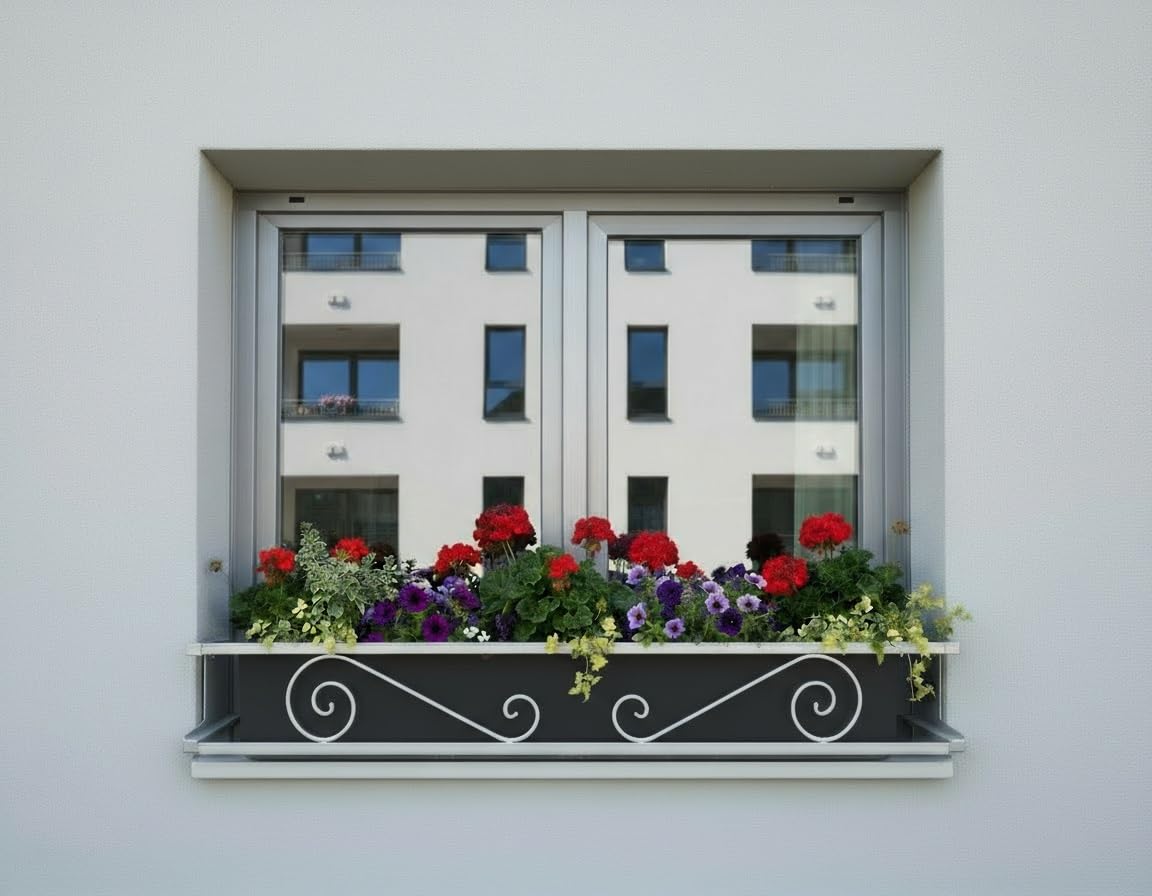 Balconcillo para Macetas Extensible 100-140 cm, Balconcillo para Plantas, Portamacetas Ventana, Protector de macetas, Modelo Volutas, Gris