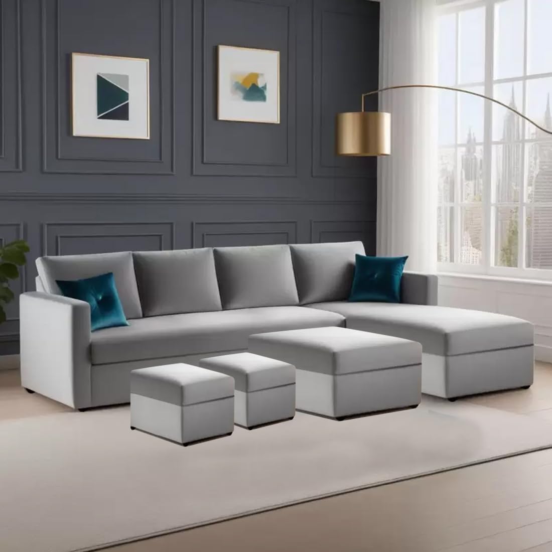 FURNY Arno 8 Seater Fabric RHS L Shape Sofa Set with 1 Centre Table & 2 Ottomans (Light Grey)-image-3