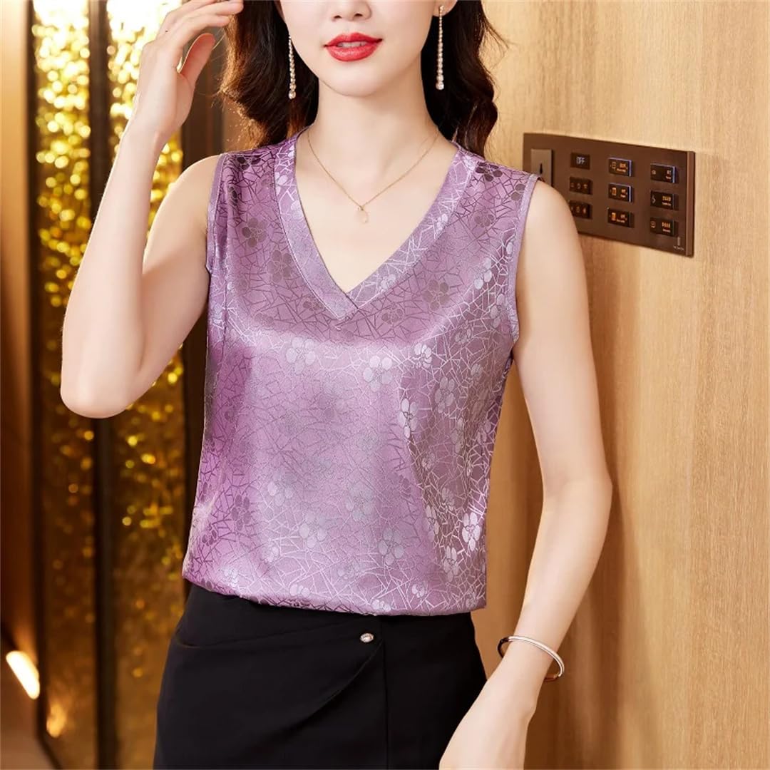 Camicetta da donna estiva senza maniche con stampa floreale in raso con scollo a V tinta unita casual