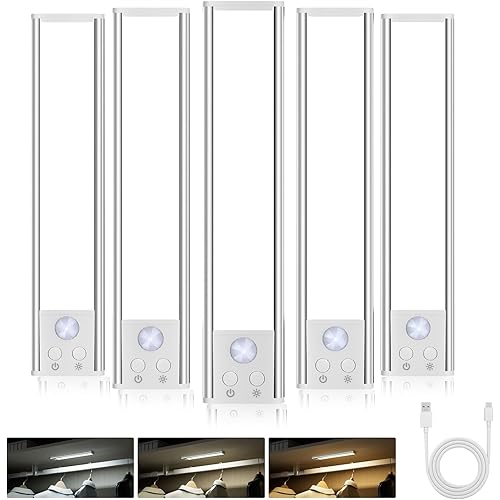 Diomart Under Cabinet Lights Motion Sensor, Rechargeable Puck Lights Wireless with Adhesive, Dimmable Kitchen Closet Lighting, 3 Color Temperature Adjustable, Auto On/Off for Stairs, Counter, 5 Pack