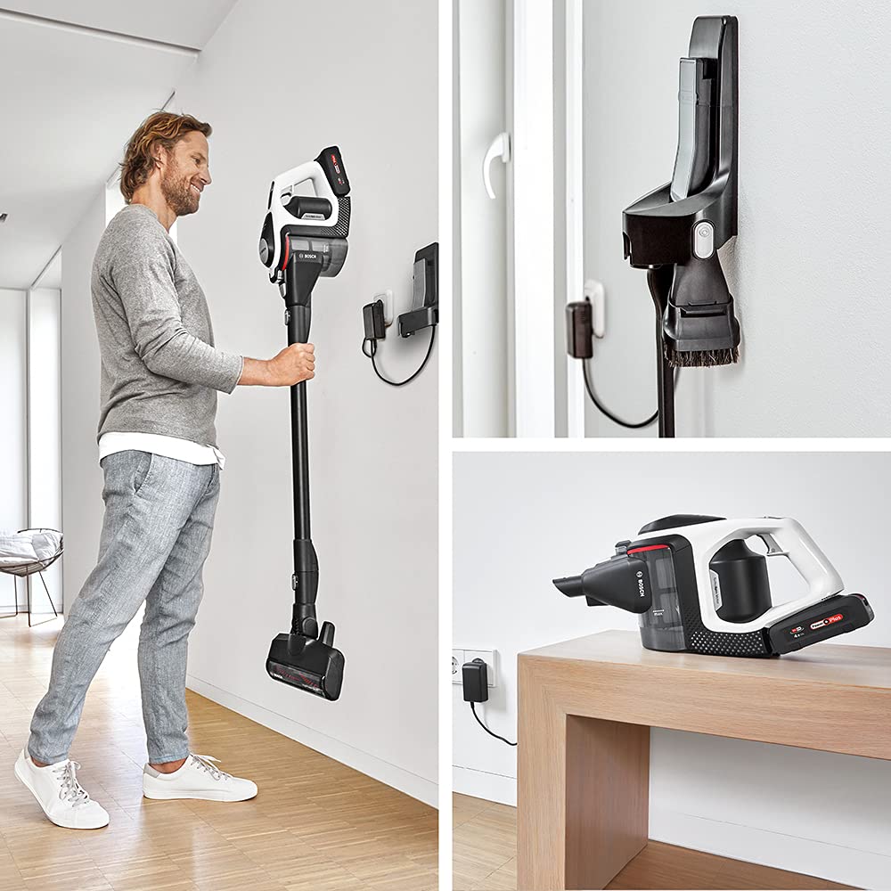 Bosch Electroménager Unlimited 8, BBS8214, aspirateur Balai Rechargeable sans Fil, autonomie de 65 Min, 1 Batterie Interchangeable Power for All 18V, Chargeur Rapide, Blanc