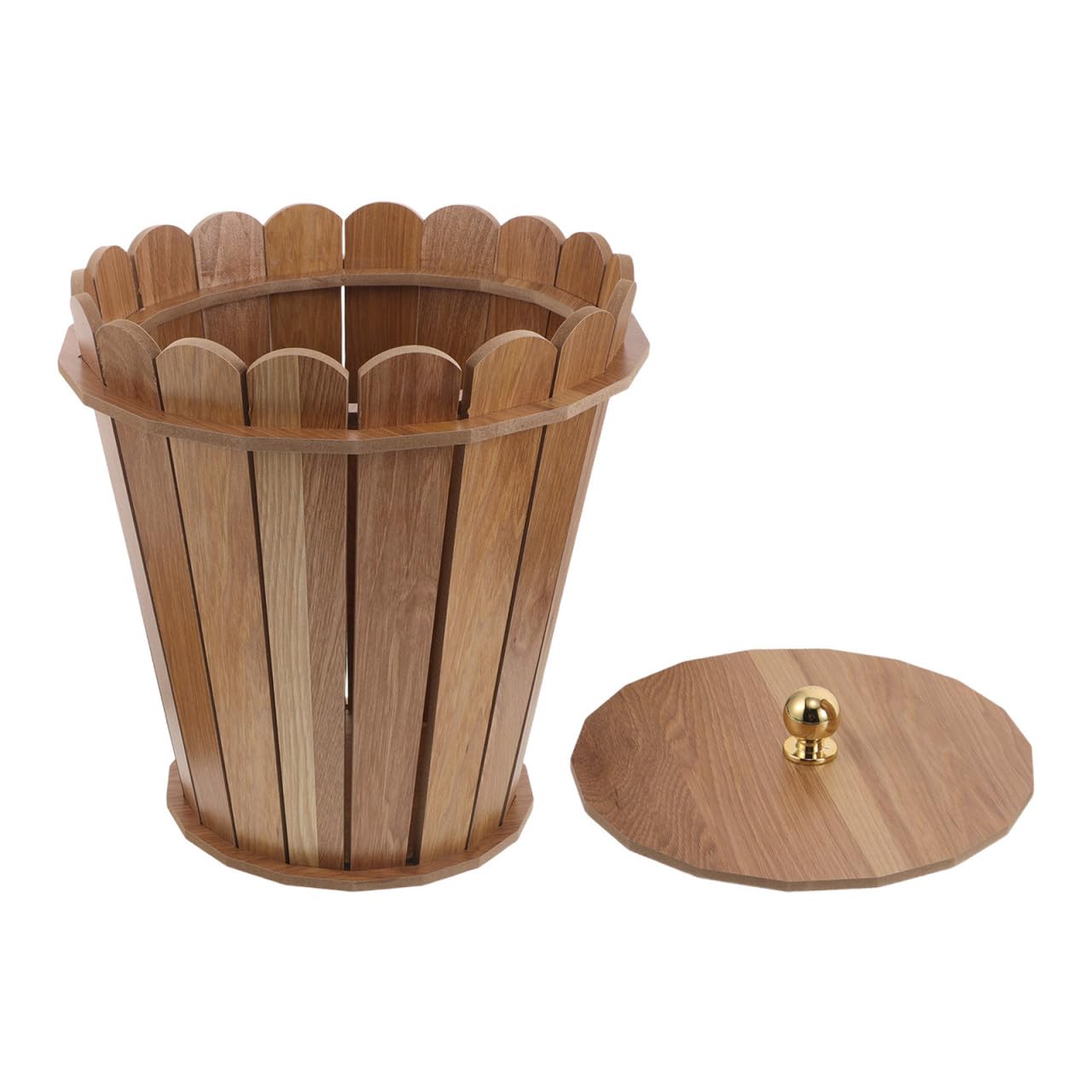 NUOBESTY Runder Stabiler Holz Mülleimer in Khaki für Bad und Büro mit Rustikalem Bauernhausstil und Stilvollem Holzdesign für Vielseitige Nutzung