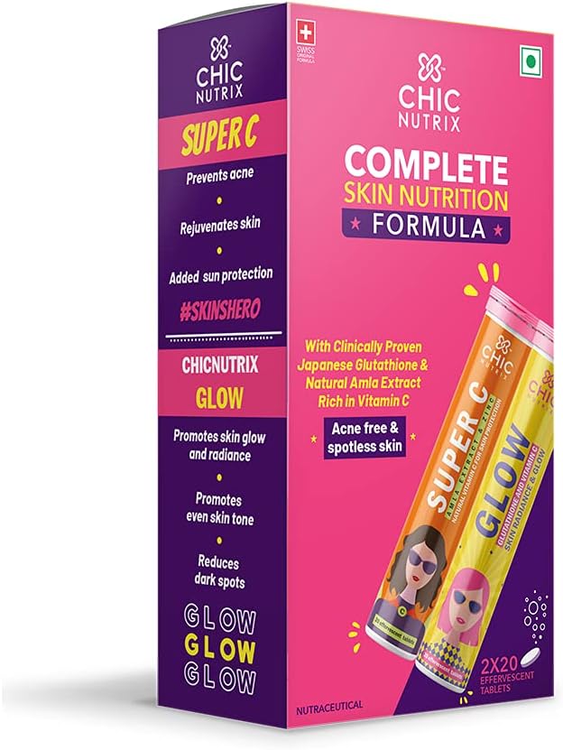 Chicnutrix Glow + SuperC – Glutathione & Vitamin C tablets – Natural Amla Extracts for Skin Care & Immunity – 20 tablets each – Fizzy Orange & Strawberry-lemon Flavor