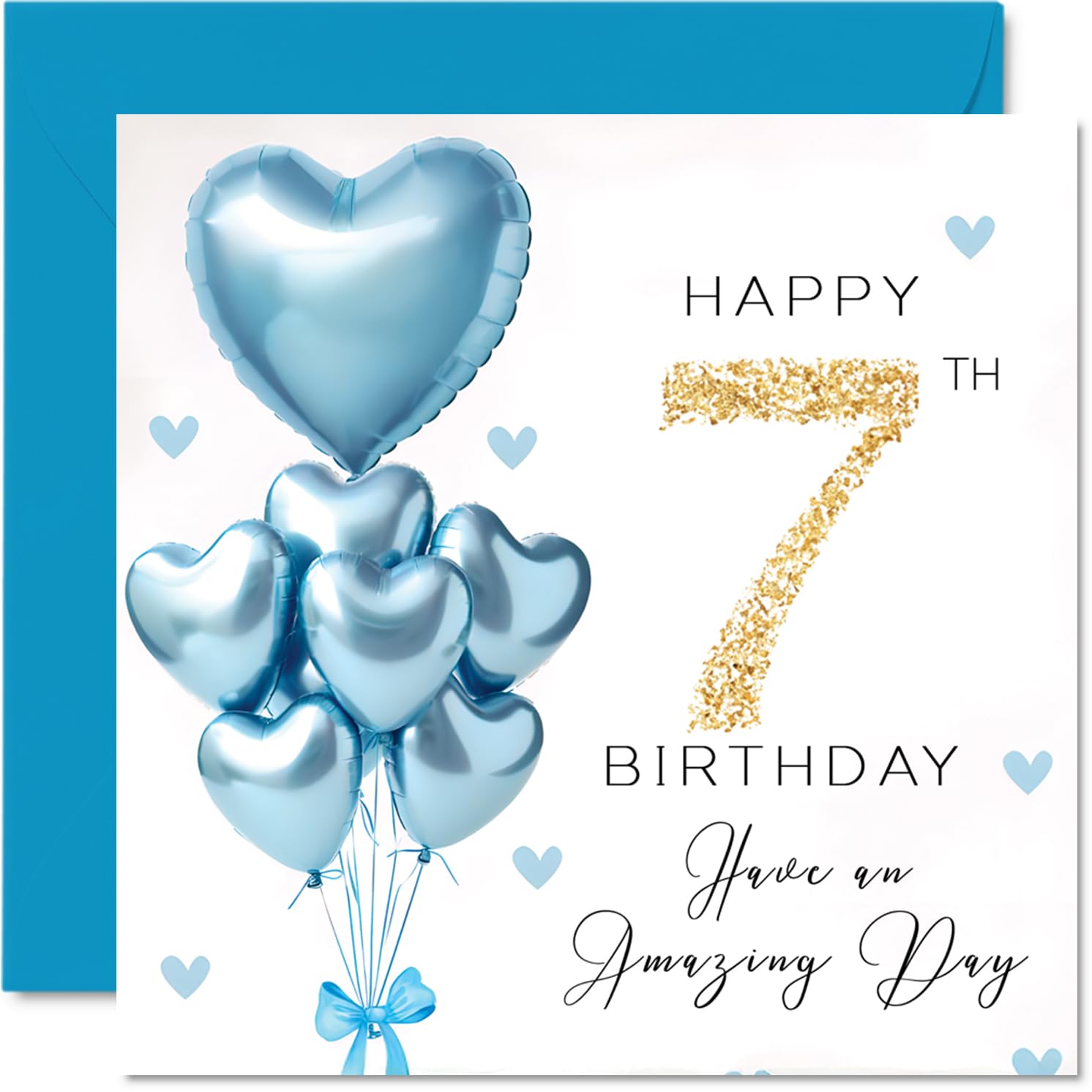 7th Birthday Cards for Boys - Blue Glitter Balloons - Happy Birthday Card for 7 Year Old Boy Step Son Great Nephew Godson Nephew, 145mm Bday Greeting Cards