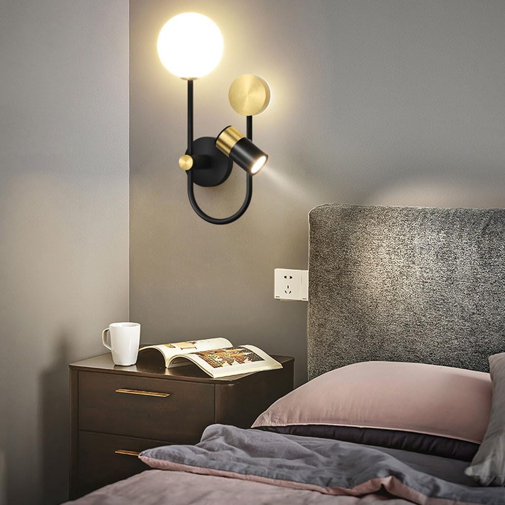 Modern Milk Glass Wall Light 12W Rotatable Bedroom Wall Sconces with Spotlight Black Mid Century Rustic Wall Sconce Light Fixture for Bathroom Bedside Living Room LED Wall Mounted Lamp