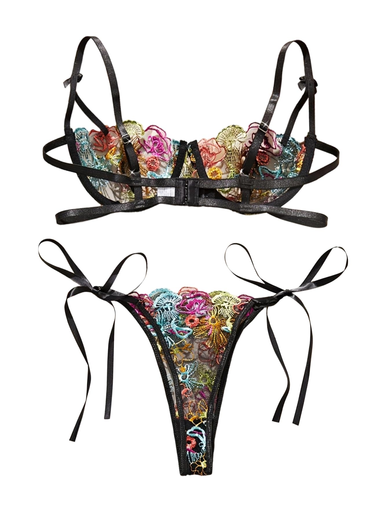 Lilosy Sexy Tie Side Cute Underwire Push Up Strappy Embroidered Mesh Sheer Lingerie Set: Bow Large Bow Multicolor Black