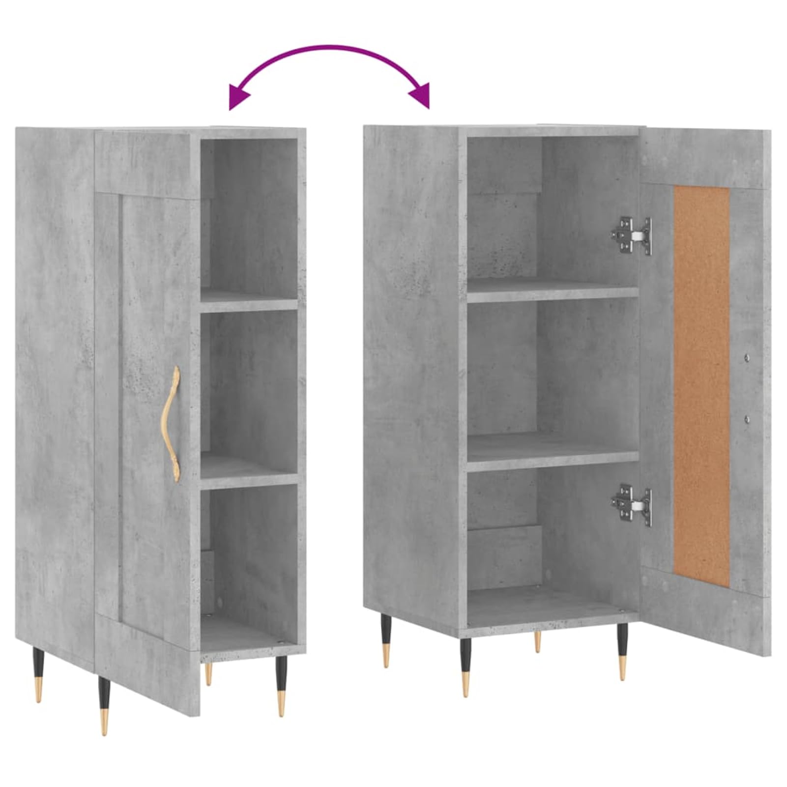 Kredens szary betonowy 34,5 x 34 x 90 cm, materiał drewnopochodny z metalowymi nogami – nowoczesny mebel do salonu zapewnia porządek w przestrzeni do przechowywania i prezentacji dekoracyjnej