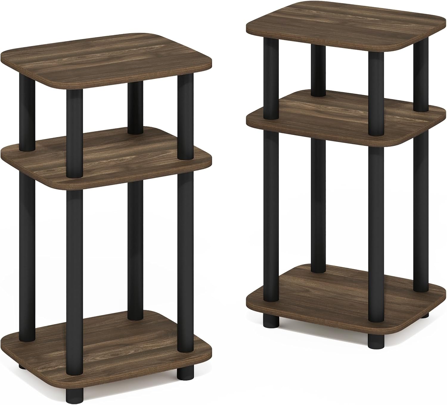 Furinno JUST Side Table Set of 2, 3-Tier Turn-N-Tube End Table with Open Shelf, Round Curve Corner Night Stand, Bedside Table, Easy Assembly, for Living Room, Bedroom, Columbia Walnut
