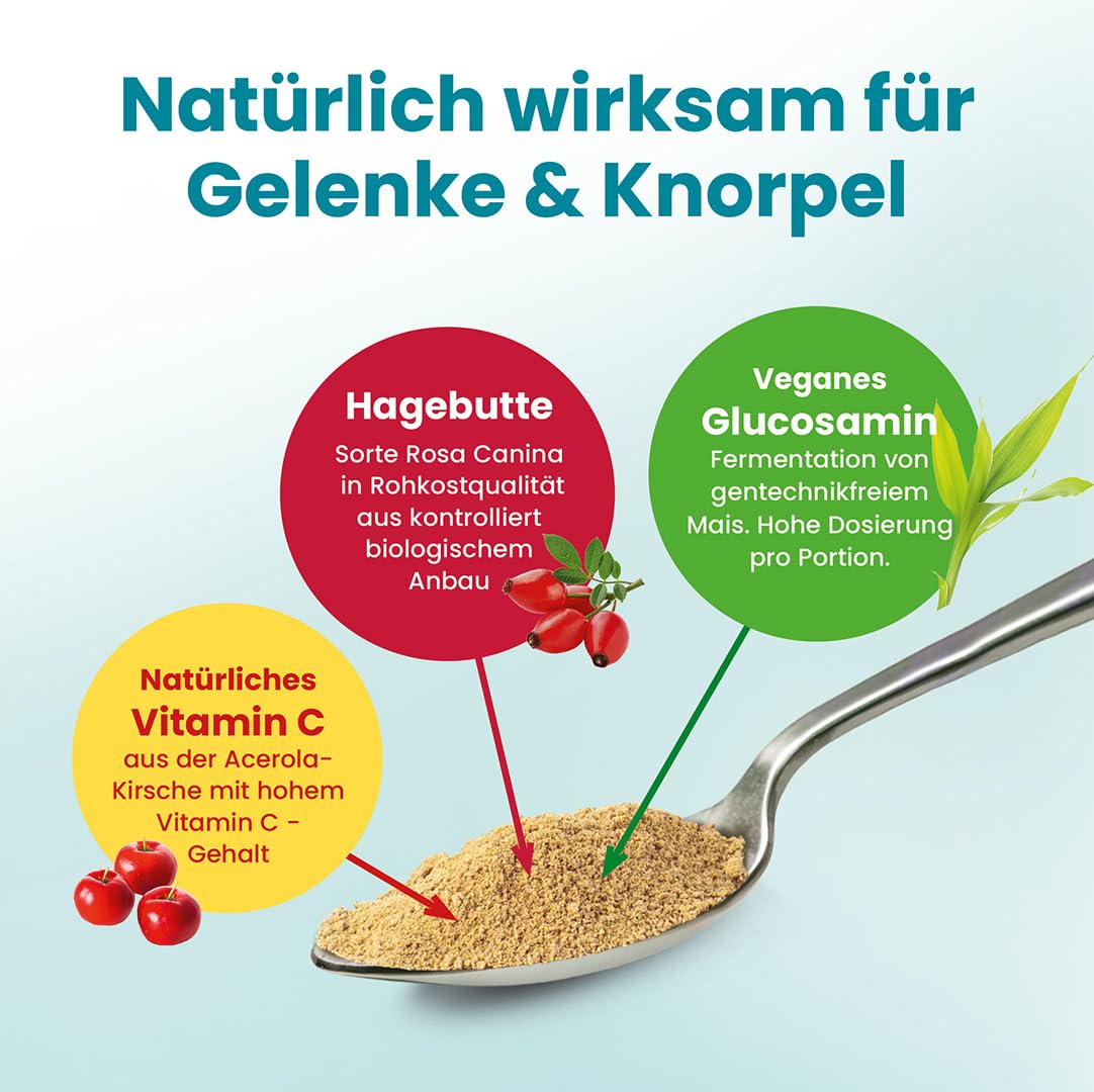 Alsiroyal Hagebuttenpulver plus Glucosamin · Gelenk-Knorpel-Komplex Aktiv | Für den Gelenk-Knorpel · Hagebuttenpulver in Rohkostqualität · 600 mg veganes Glucosamin · Vit. C aus Acerola · gut löslich