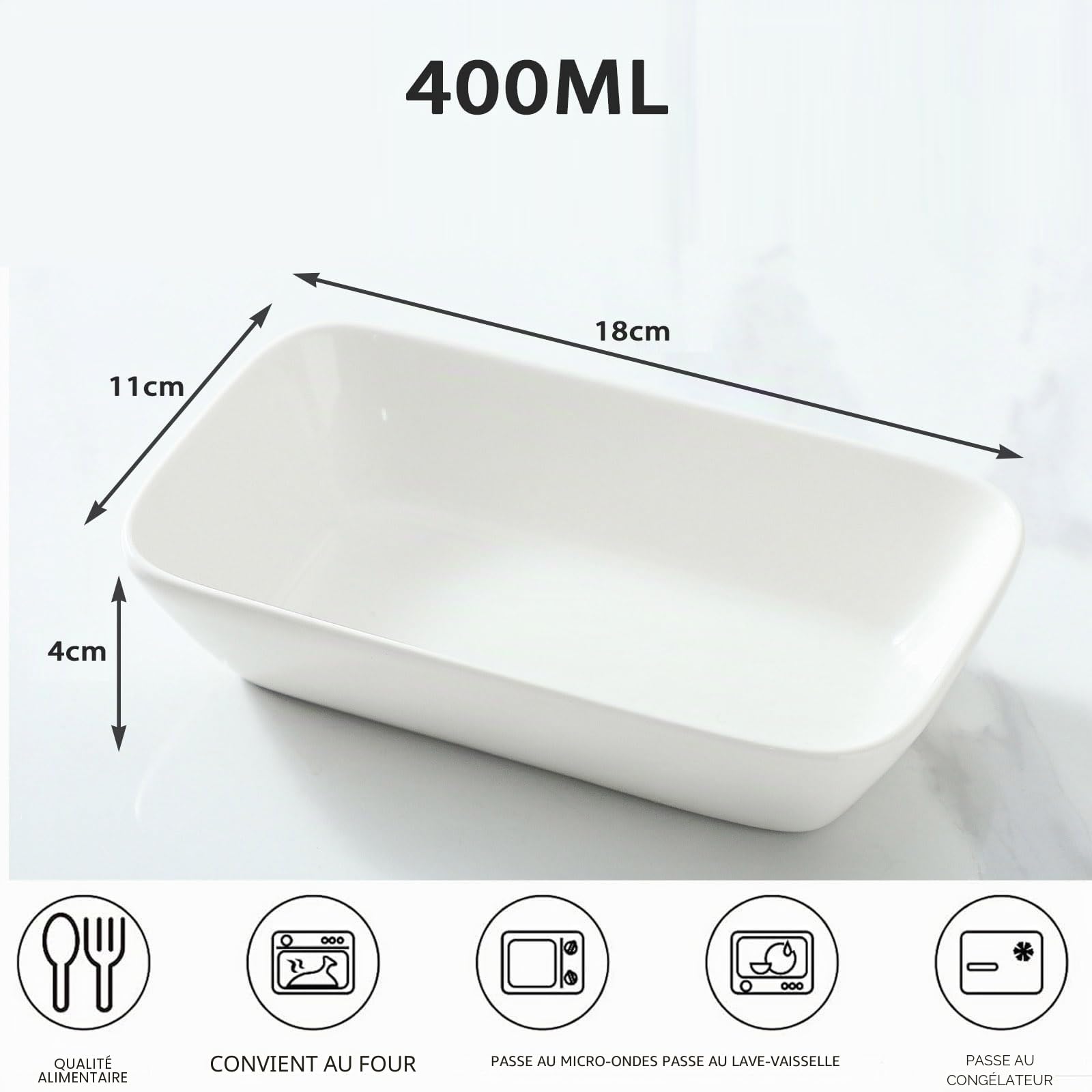 Plat à Four de Cuisson Porcelaine - Plat à Four en Céramique Petit - Plat à Lasagne Rectangulaire - Idéal pour Les Lasagnes, Les Soufflés ou Le Tiramisu - Dimensions 18x11x4 cm, 400ml - Lot de 4