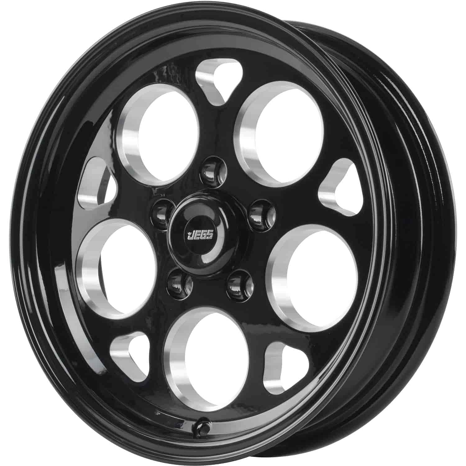JEGS SSR Mag Wheel 15” x 4” | 5 x 4.75” Wheel Bolt Pattern Spacing | 1.75” Backspacing | Gloss Black Powder Coat | 3.27” Center Bore | Includes Center Cap