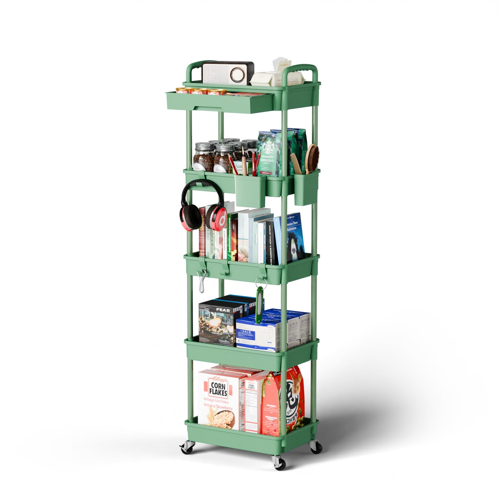 Sorgion 5 Tier Rolling Cart Organizer,Bathroom Cart Organizers with Wheels Laundry Room Organization Mobile Shelving Unit Utility Cart Storage Shelves Multi-Functional for Office, Home(Green)