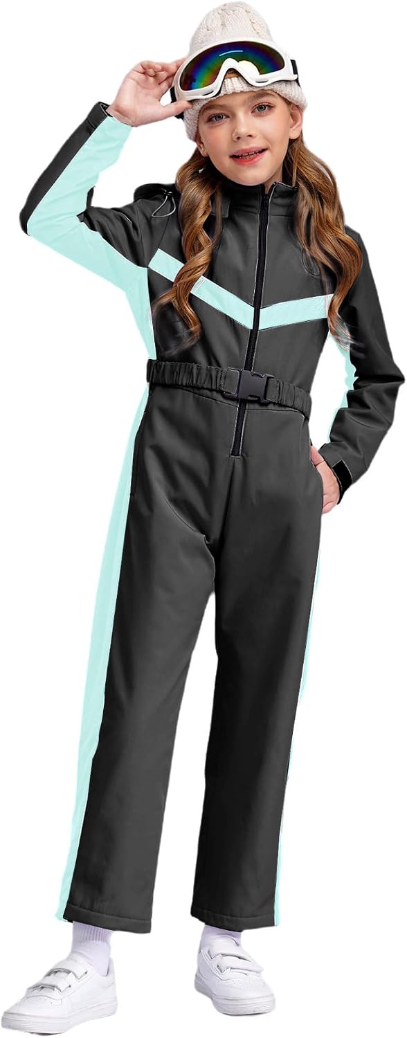 Yhong Kids Winter Hooded Ski Suits Boy's Girl's Waterproof Snowsuits with Belt One Piece Snowboard Jumpsuits Jacket