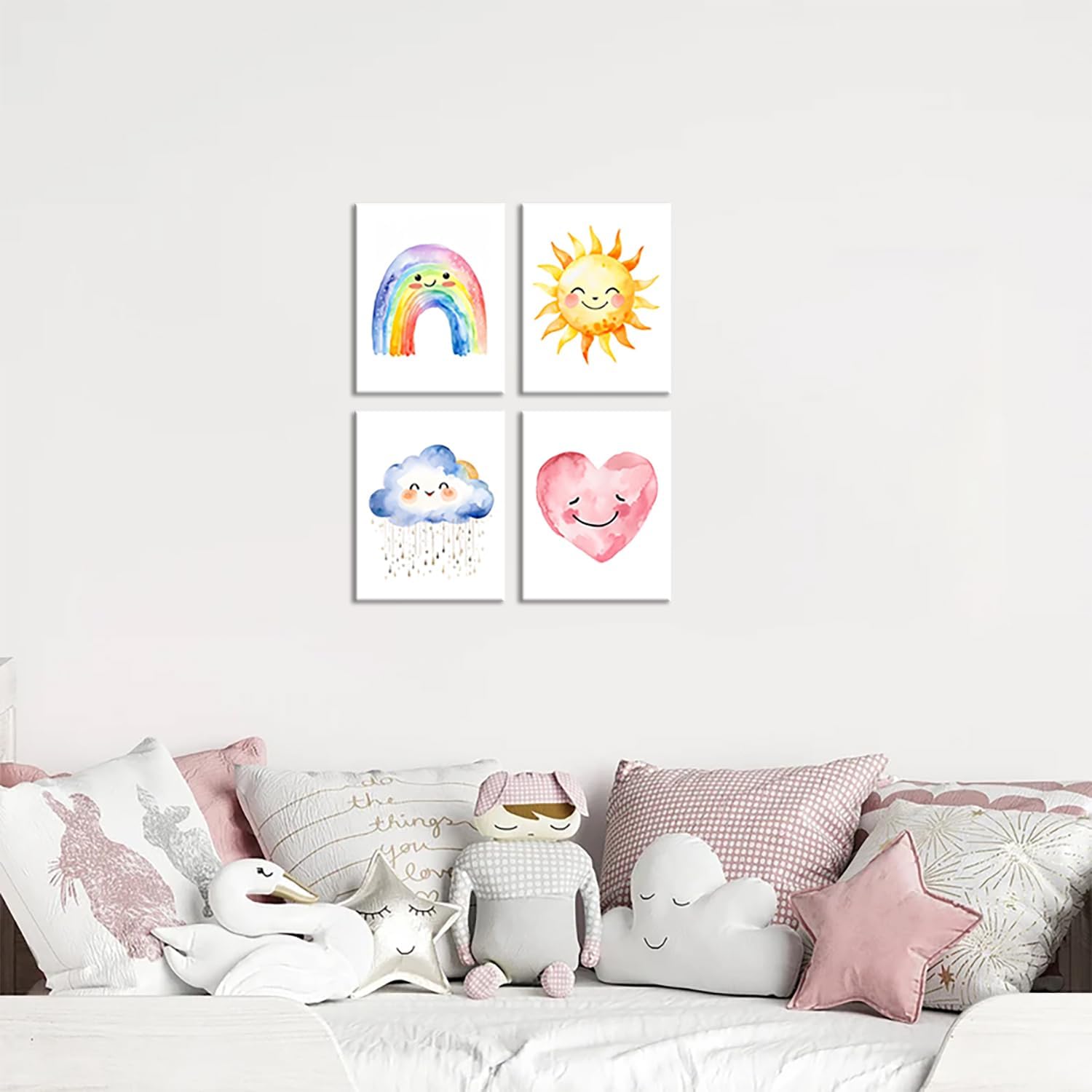 Framed Girls Rainbow Canvas Wall Decor Set of 4, Watercolor Sun Cloud Heart Wall Decor Prints, Kids Sunshine Painting for Classroom Kids Room Baby Room Bedroom Dormitory Decor 8''X10''
