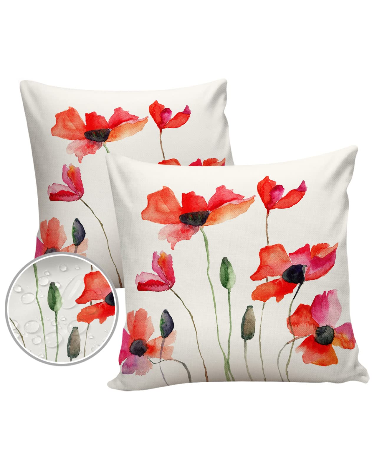 T&H XHome Outdoor Waterproof Throw Pillow Covers 24 x 24 Inches Set of 2 Watercolor Poppy Illustration Decorative Cushion Cover Pillowcase for Garden Patio Tent Beach Bedroom Livingroom Sofa Couch