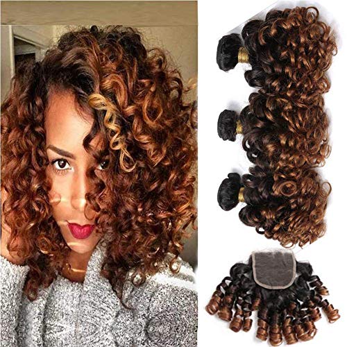 Spark 10A Ombre Bundles with Closure Brazilian 1b/4/30 3 Tone Ombre Human Hair Bouncy Curly 3 Bundles with 4x4 Lace Closure Short Curly Human Hair Weave Bundle (12 14 16 + 10, 1B/4/30)
