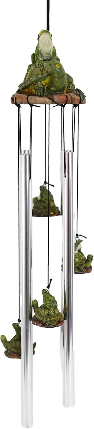 Ebros Gift Illegal Camper Green Frog and Snail Parking On Tortoise Shell Resonant Wind Chime Patio Garden Accent Resin with Aluminum Rods Frogs Toads Turtles Terrapins