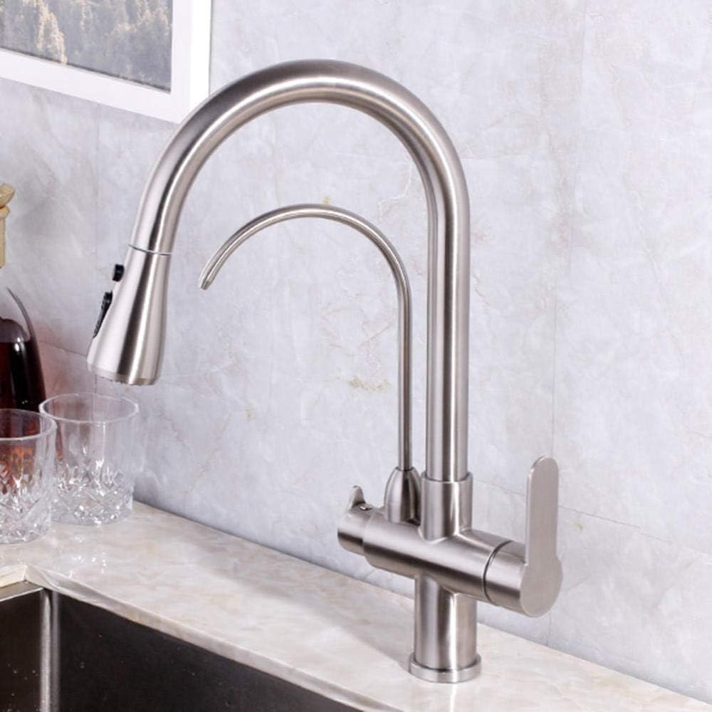 Rubinetto da Cucina 3 in 1 in Acciaio Inox Spazzolato, Acqua Fredda, Girevole, Purificatore d'Acqua.