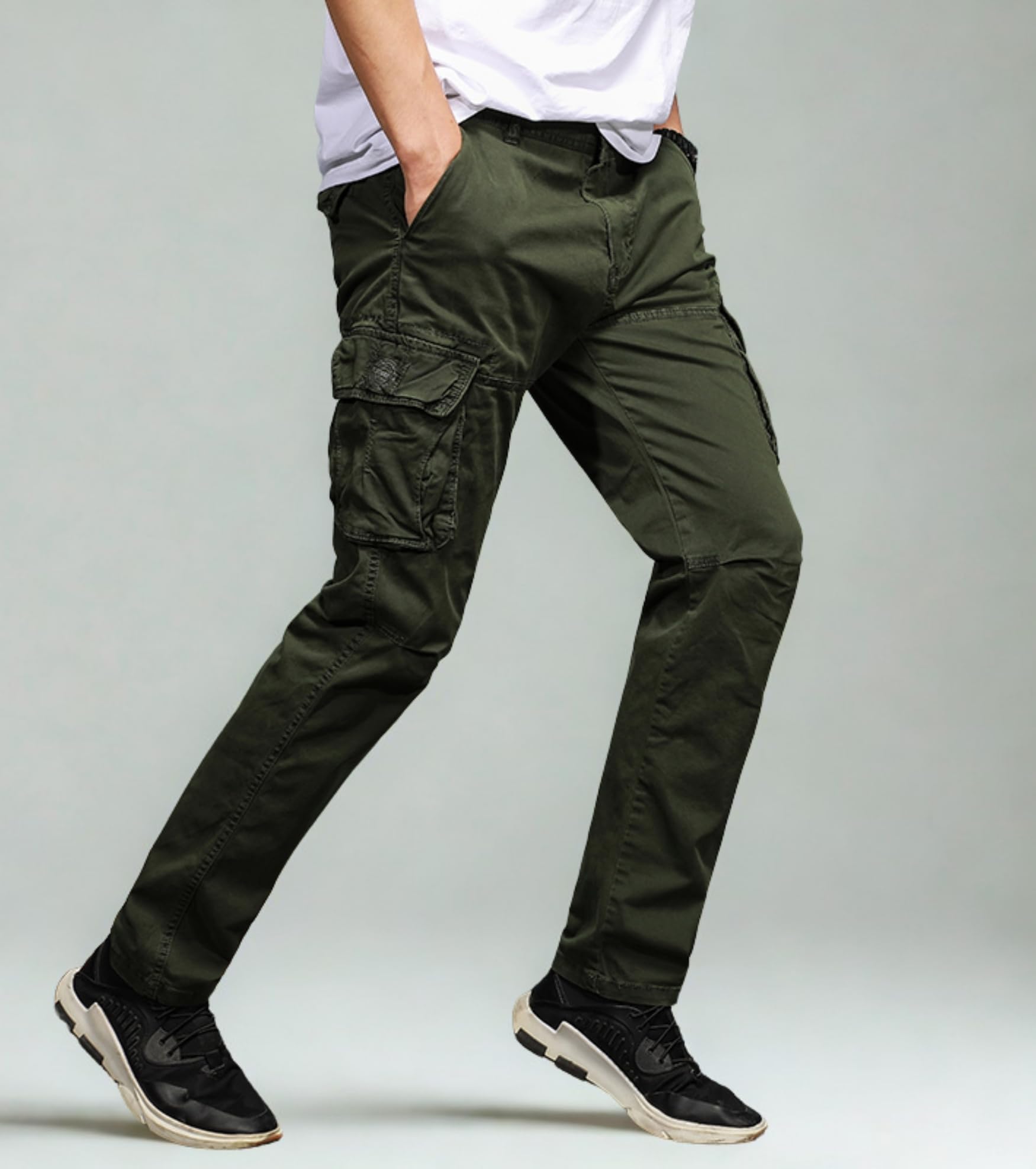 L'MONTE Imported Cargo Joggers for Men | Multi Pocket Cotton Cargo Pants | Regular Fit Casual Trousers for Men | Button Closure Jogger Pants(36,Green) 1