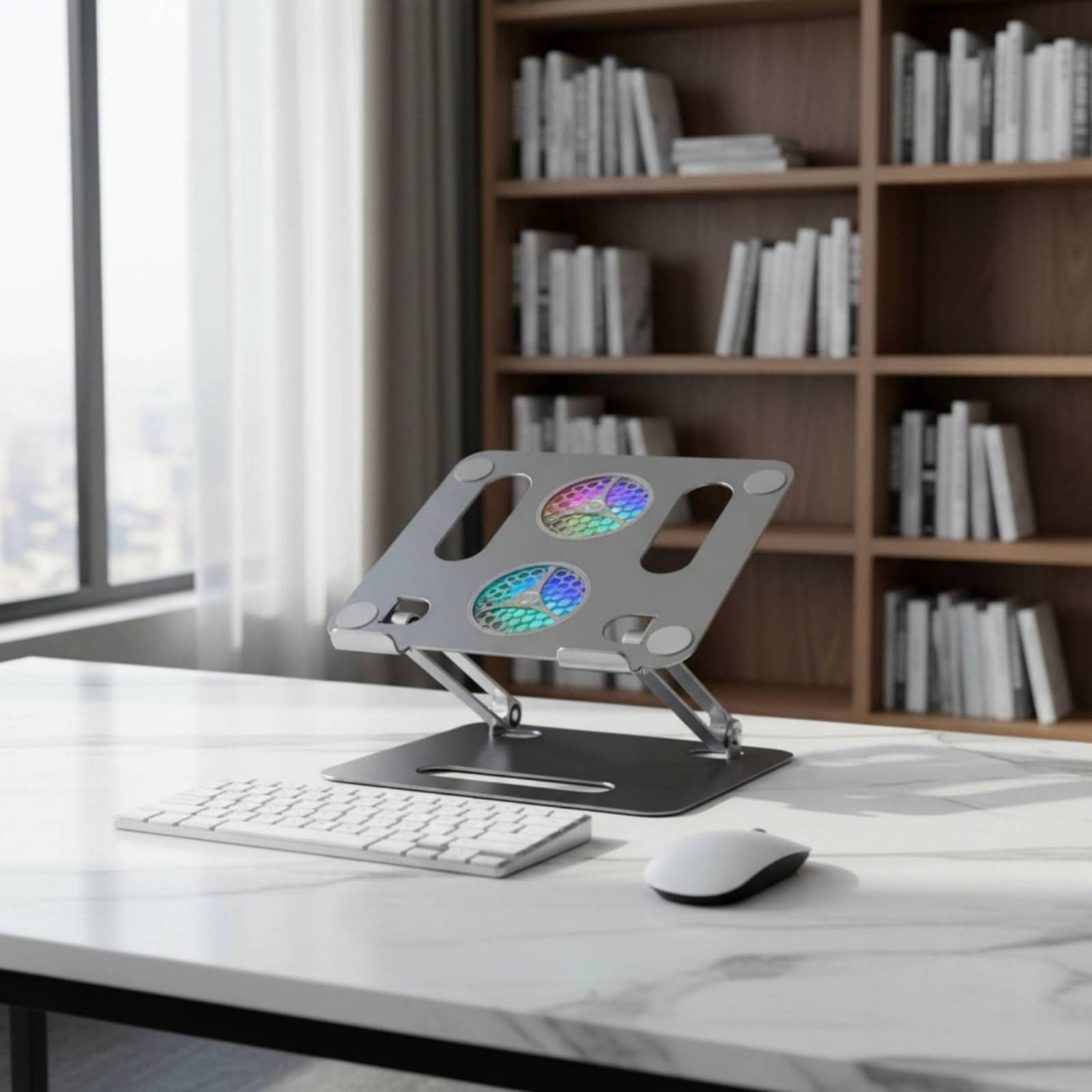 Supporto Raffreddamento Laptop Base Notebook Supporto Piattaforma Ventilata con Ventole Regolabile Pieghevole Telaio in Lega di Alluminio con Luci RGB, Grigio