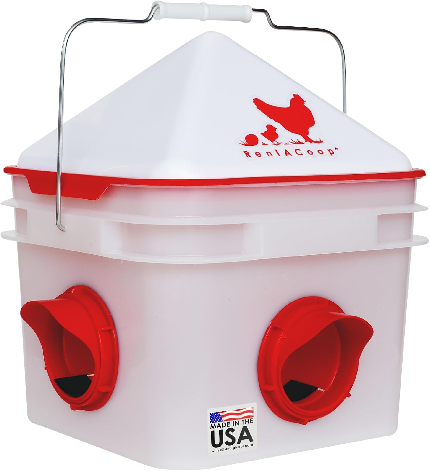 RentACoop Chick2Chicken 10lb BPA-Free 4-Port Feeder - Includes Anti-Roost Cone, Slider Port Cover, and Lid - Suitable for up to 20 Chicks & 12 Adult Chickens