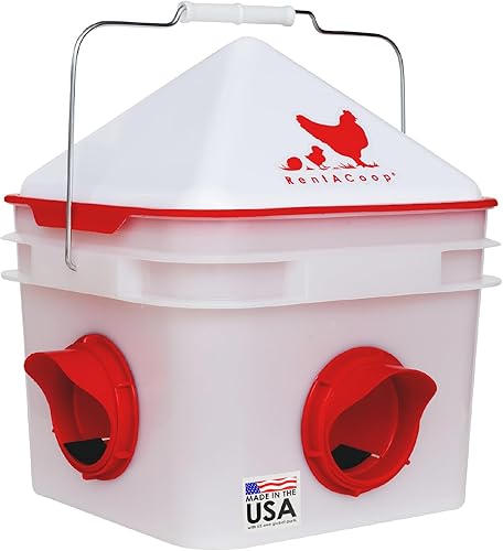 RentACoop Chick2Chicken - Alimentador de 4 puertos sin BPA de 10 libras, incluye cono anti-gallina, cubierta de puerto deslizante y tapa, apto para