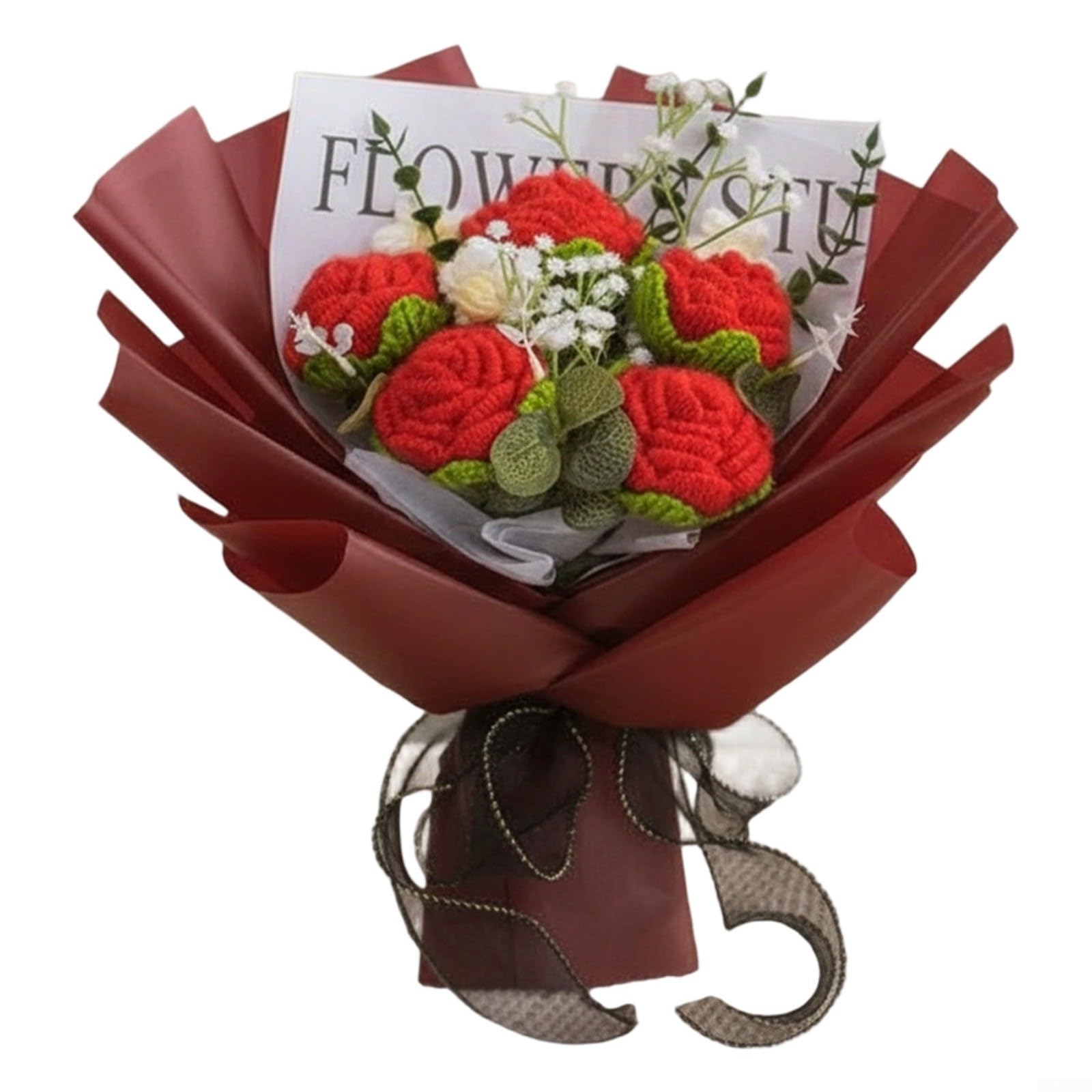 ASMJHQCLW Hand Woven Artificial Flowers, Hand Crochet 5 Roses Multicolor Artificial Bouquet Wedding Birthday Anniversary Valentine(Red)