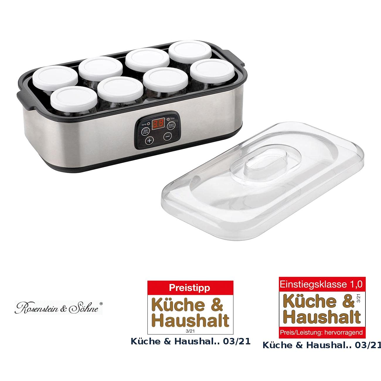 Rosenstein & Söhne Yoghurtbereiter: Joghurt-Maker, Timer & Temperatur-Einstellung, 8 Gläser à 180 ml, 25 W (Yogurt Maker, Joghurt Automaten, Jogurt)