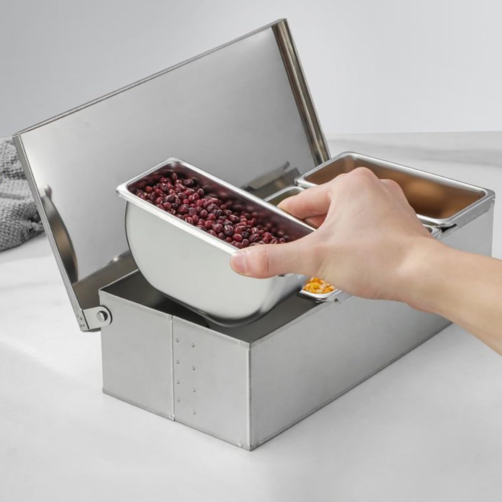 Contenitori per condimenti in acciaio inossidabile, contenitori con coperchio, cucchiai, 4 scomparti, scatola organizer per condimenti, grande capacità, contenitore per condimenti per cucina
