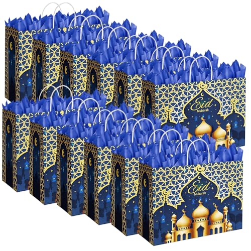 CMSSHUAI 12 Pcs Eid Mubarak Gift Bags with Handles 12.8 x 10.4 x 4.4 Inch Large Ramadan Tote Bags Eid Mubarak Paper Treat Goodie for Gifts Wrapping Ramadan Party Supplies
