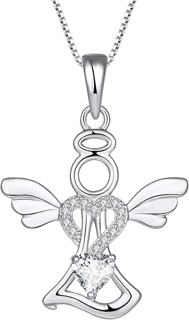 FJ Guardian Angel Necklace 925 Sterling Silver with Birthstone Cubic Zirconia Jewellery Gifts for Women Girls
